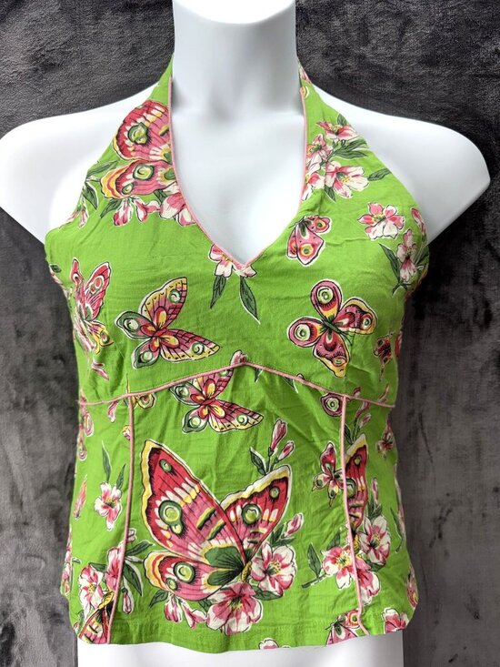 Bamboo Traders Tops - Bamboo Traders Halter Top L Green Butterfly Floral Cotton Stretch Boho